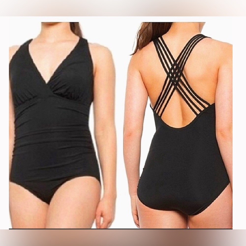 Jantzen NWT Sz 14 Black Ruched one Piece Swimsuit Criss Cross Strap Back Accent